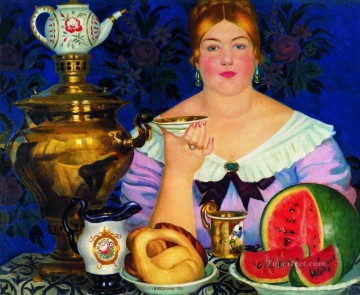 お茶を飲む商人の妻 1923年 ボリス・ミハイロヴィチ・クストーディエフ Oil Paintings
